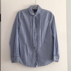 JCrew ruffled collar, tie neck button down shirt.